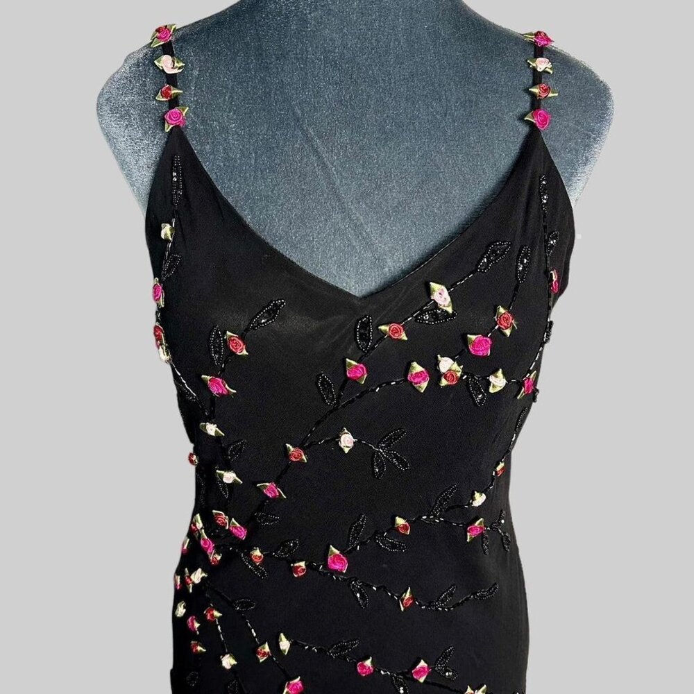 Y2K gothic fairycore beaded silk ribbon flower asymmetrical ruffle fringe dress - Picture 11 of 11